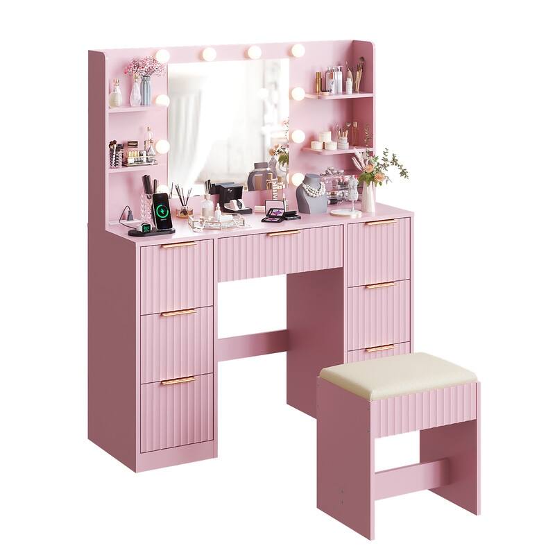 Particle Board Laminated with Textured Melamine, 7-Drawer 4-Tier Shelf, with 10 Three-Color Dimmable Bulbs, Dressing Table Set