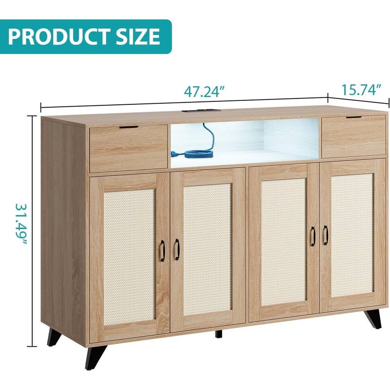 Sideboard Buffet Cabinet, 4 Rattan Doors 2 Drawers Accent Storage Cabinet
