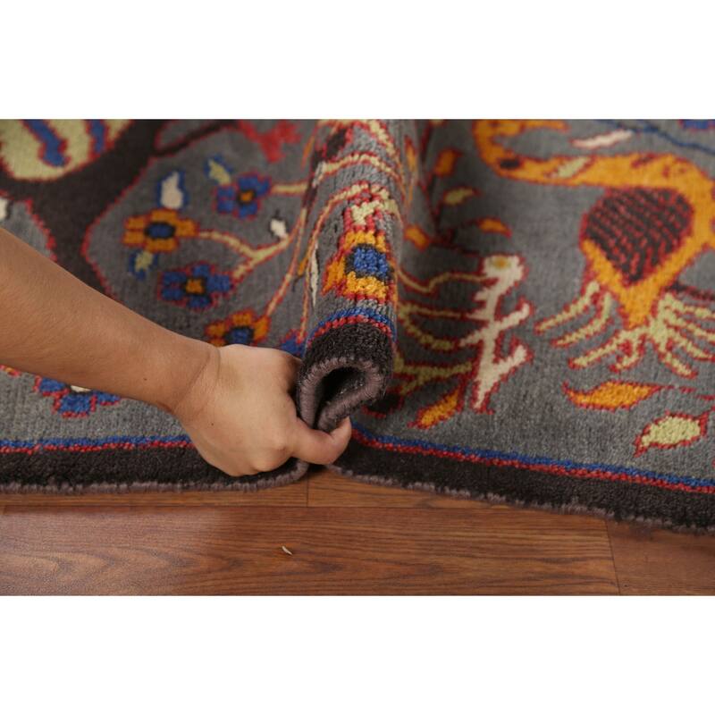 Animals Design Gray Ziegler Indian Accent Rug Hand-Knotted Wool Carpet - 2'11"x 4'11"