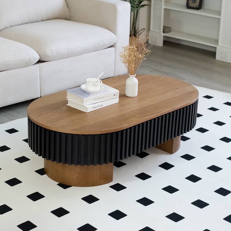 43.7" Elliptical Living Room Coffee Table With Hidden Storage And Removable Tabletop, Solid Wood Veneer Modern Coffee Table