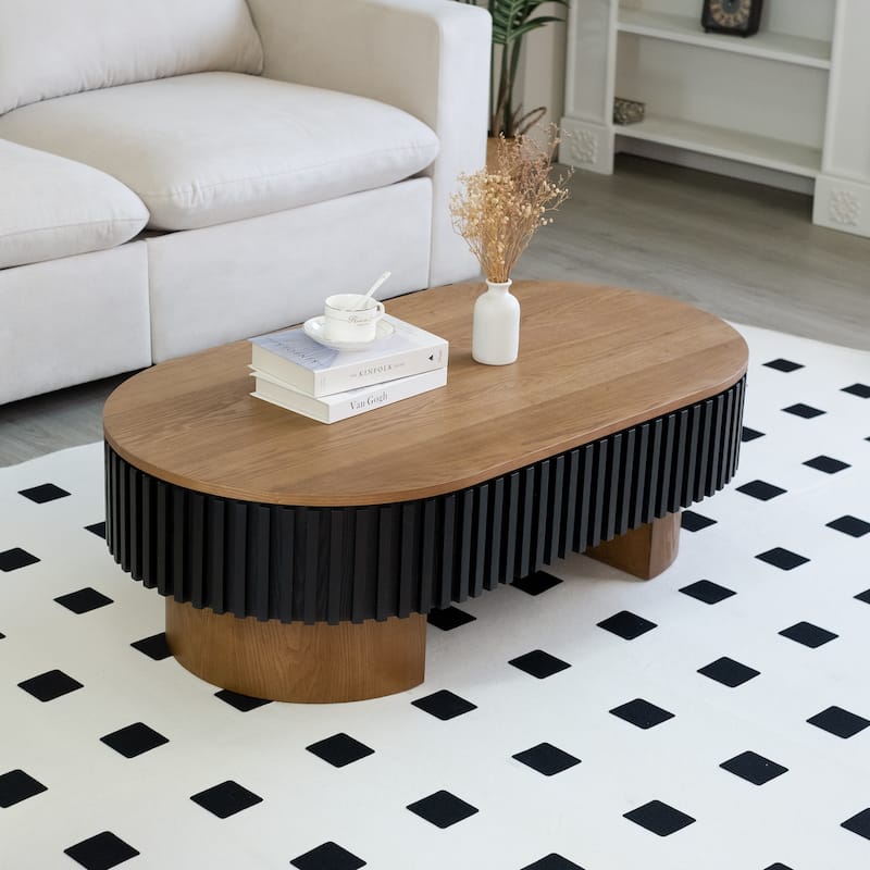 GDFStudio Nyverra Solid Wood Veneer Elliptical Coffee Table with Hidden Storage and Removable Top