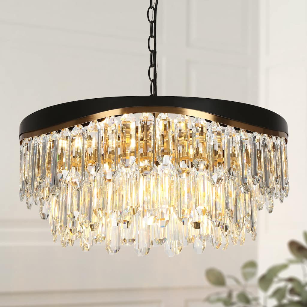 Modern Crystal 9-Light Drum Black Gold Chandelier for Dining Room Bedroom