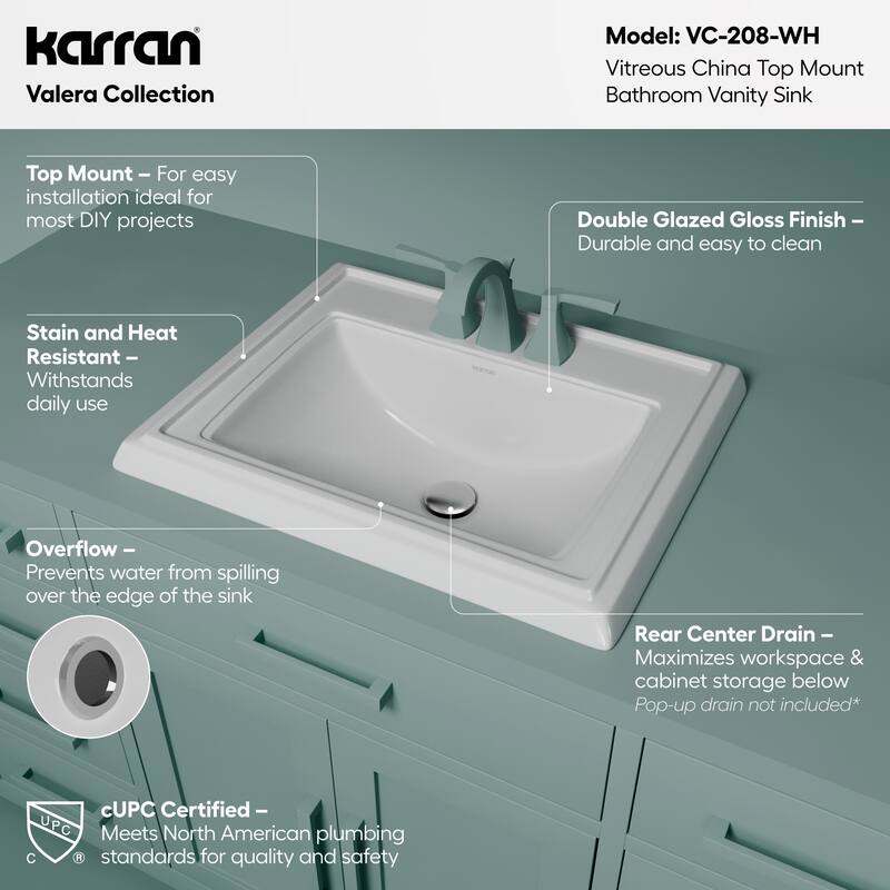 Karran Valera 23" Rectangular Top Mount Vitreous China Bathroom Sink in White
