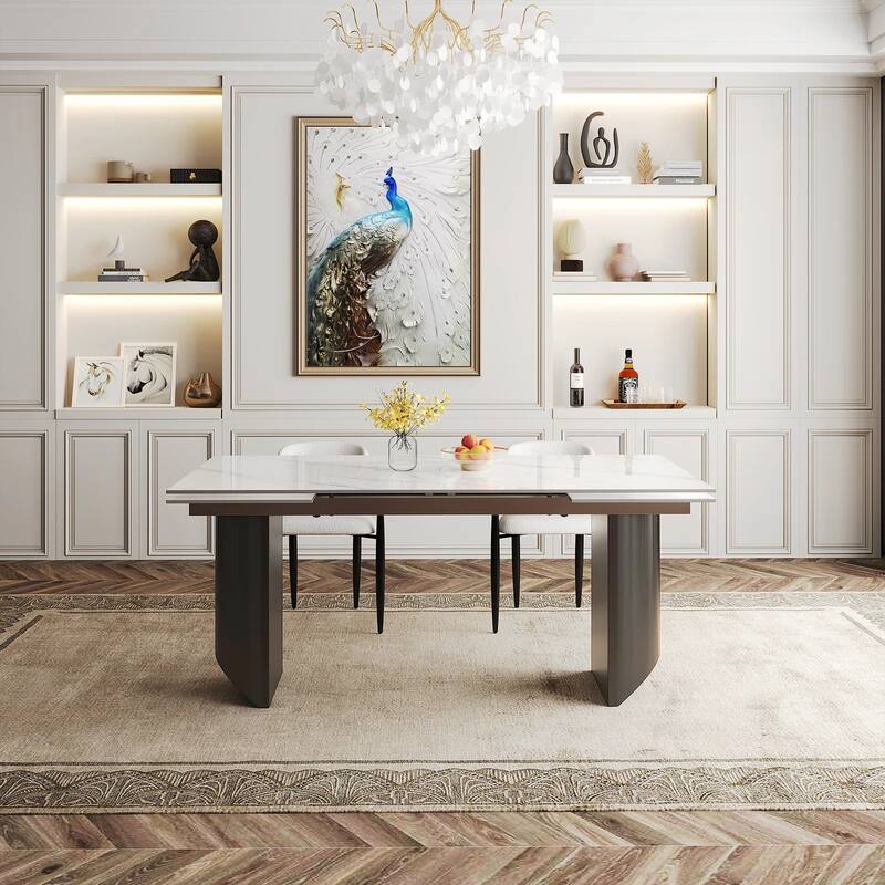 9 - Piece Modern Minimalist Extendable Sintered Stone Top Double Pedestal Dining Set