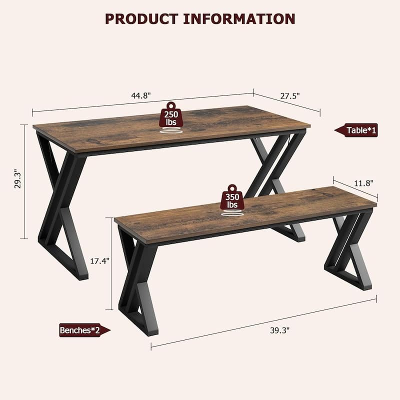 Kitchen Table Set , with X Metal Frame and Benches