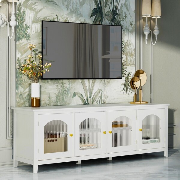 Antique White TV Stands Media Storage Cabinets w/ Changhong Glass