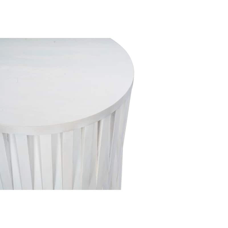 20" White Wooden Coffee Table - Round Shape Hi-Lo Vertical Woven Slats Handcrafted Accent Table
