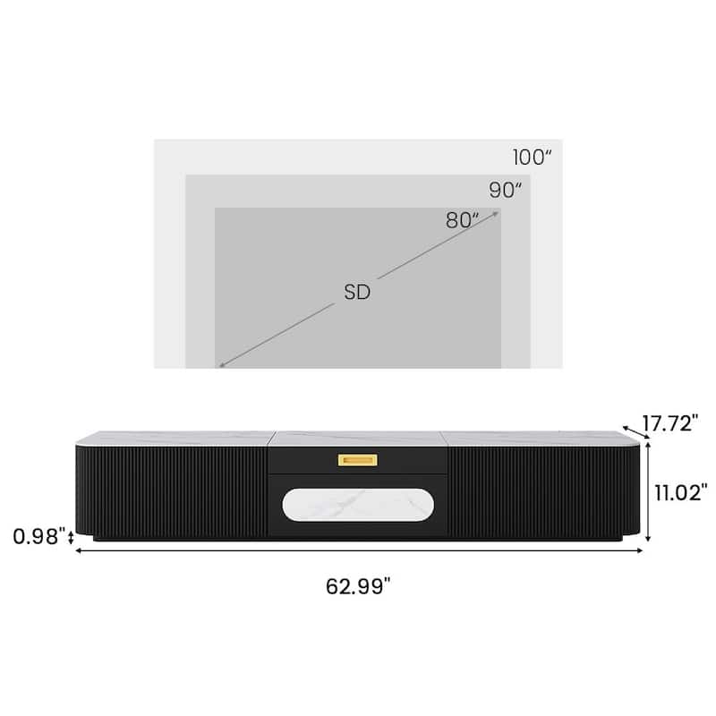 Modern TV Stand for Projector, Sintered Stone TV Cabinet with Drawers for Home Theater, Oak Veneer MDF, Black & White