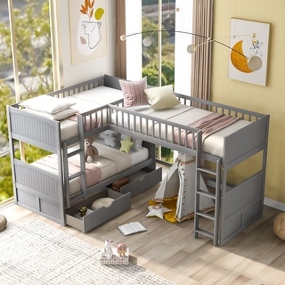 Twin Size Triple Bunk Bed with Attached Loft and Two Drawers, Space-Saving Design