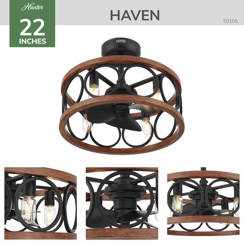 Hunter Haven 22" Fandelier Ceiling Fan w/ Light, Remote - Modern, Industrial, Farmhouse - Small Spaces
