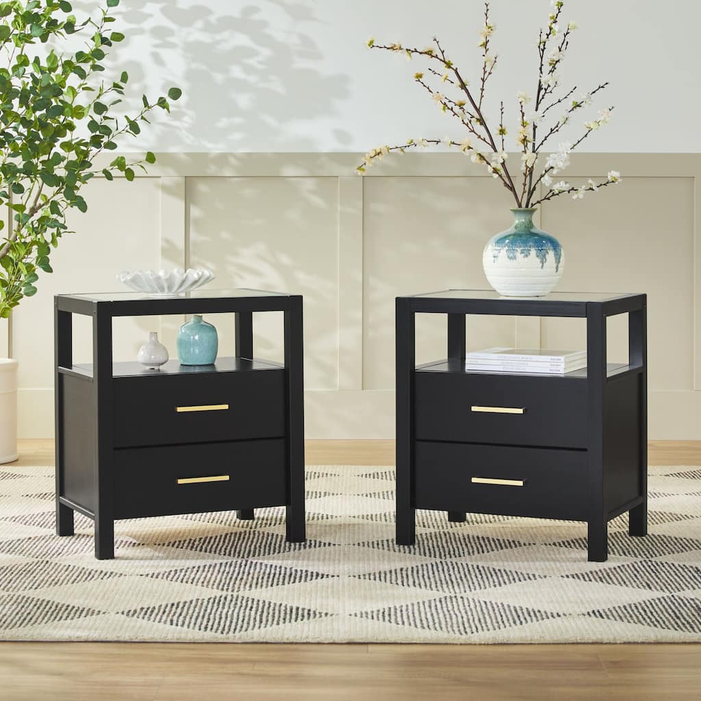 Walker Edison Solid Wood Nightstands with Tempered Glass Top (Set of 2)