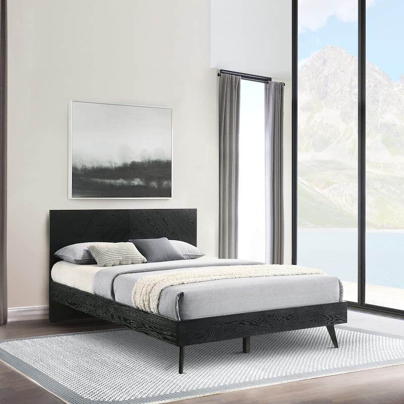 Petra Black Wood King or Queen Platform Bed Frame with Headboard - Queen