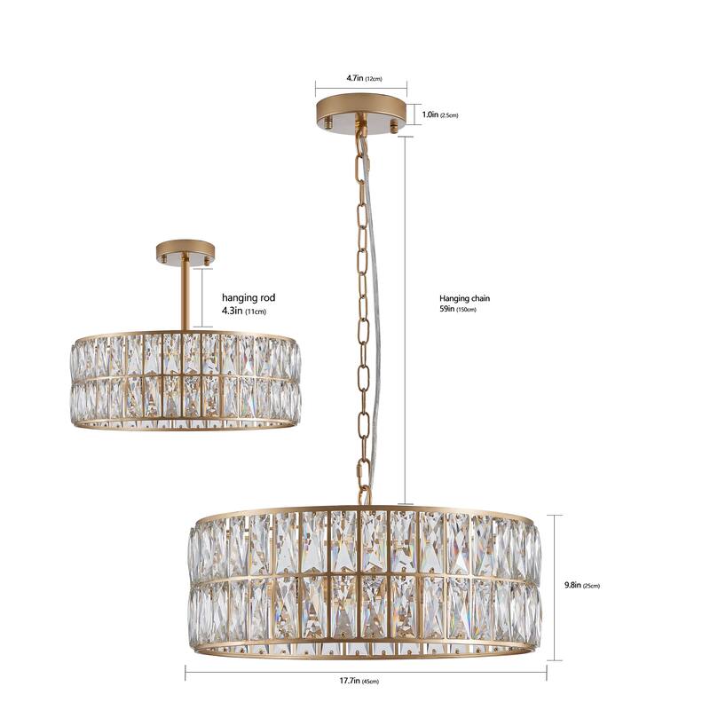 18" Golden Modern Crystal Drum Chandelier, 6-Light Pendant Lighting Fixture with Metal Frame (Bulbs Not Included)