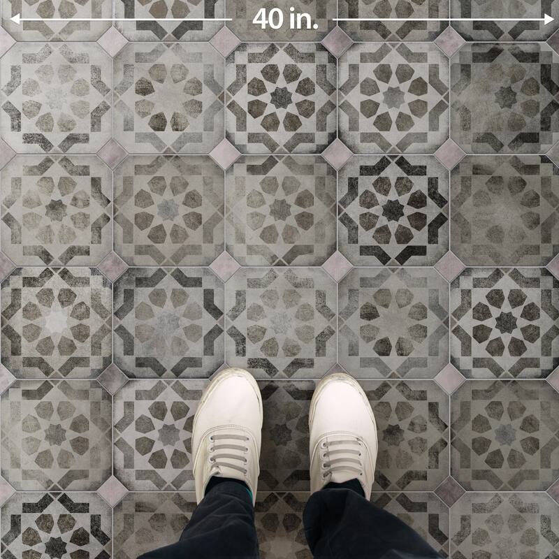 Merola Tile Laverton Octagon Deco Sombra 7-7/8" x 7-7/8" Porcelain Floor and Wall Tile