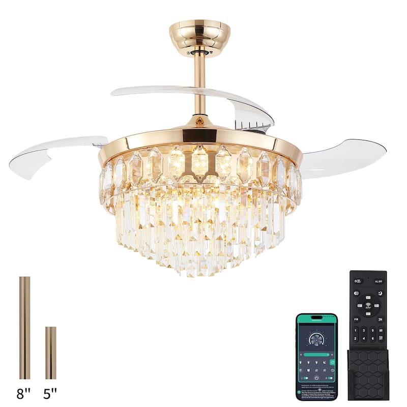 48" Crystal Fandelier Ceiling Fan with Light and Retractable Blades LED Dimmable for Bedroom Living Room - 48 Inches