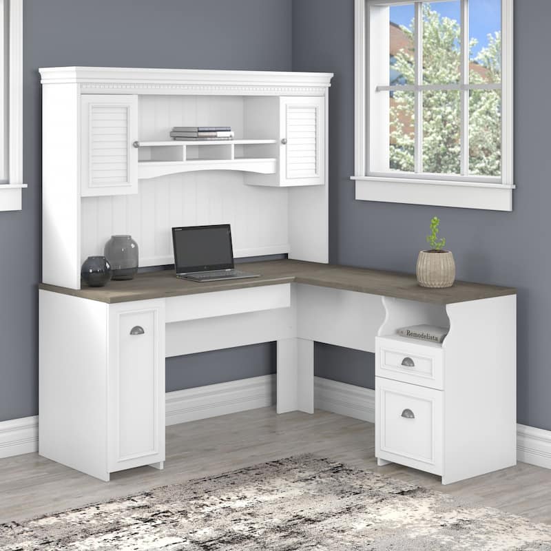 Fairview 60W L Shaped Desk with Hutch by Bush Furniture - Shiplap Gray/Pure White