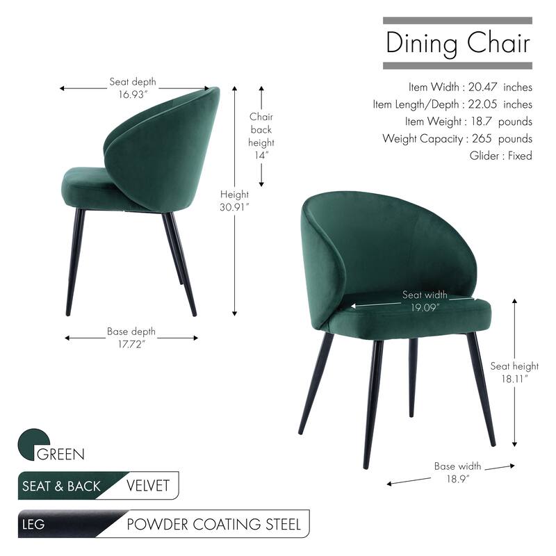 Porthos Home Abel Dining Chairs Armchairs Set of 2, Velvet, Steel Legs
