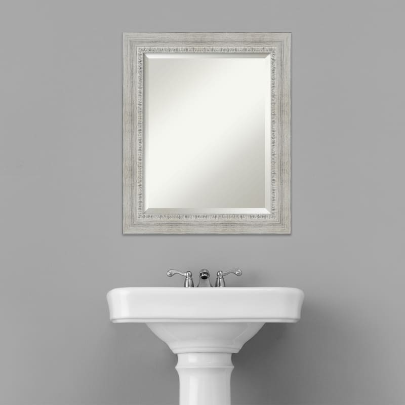 Beveled Wood Bathroom Wall Mirror - Rustic White Wash Frame