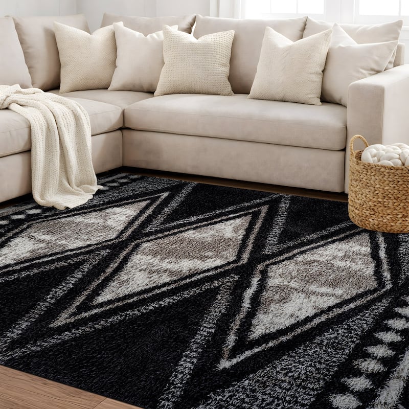 Geometric Grid Shag Rug - Anthracite Dark Gray - Medium Pile - Durable for Living Room, Bedroom, or Entryway