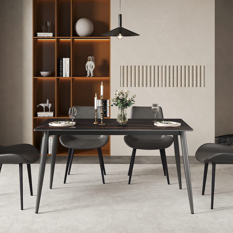 55'' Marble Dining Table for 4 People, Rectangle Marble Dining Table with Sintered Stone Tabletop and Metal Legs
