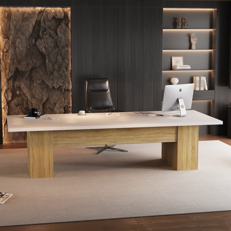 Extra Long Wood Rectangular Dining Table Meeting Table,Oak & White - 126"L - White