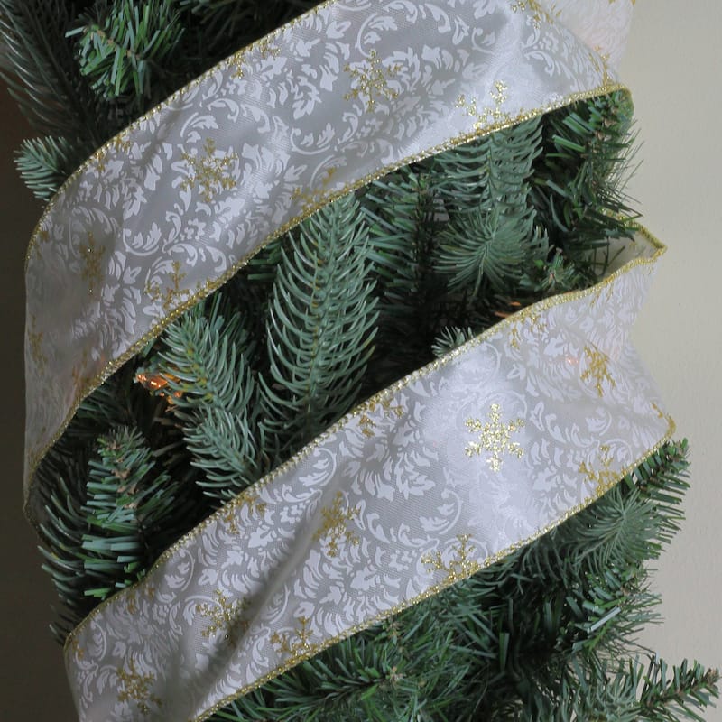 Gold and White Snowflake Printed Christmas Wired Craft Ribbon 2.5" x 10 Yards