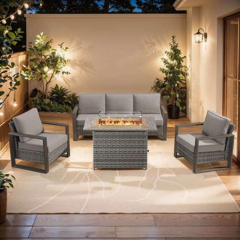 Pocassy 4 Pieces Outdoor Sofa Patio Chair with Fire Pit Table Set - Gray cushion - Gray Wicker
