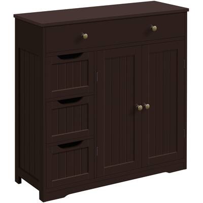 Bathroom Floor Cabinet, Large Storage Space Wooden Organizer with Drawer, 3 Small Drawers & 2 Doors, Free-Standing Cupboard