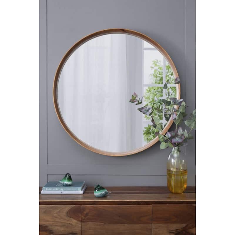 Round Pine Wooden Wall Mirror - 39.5" - Brown