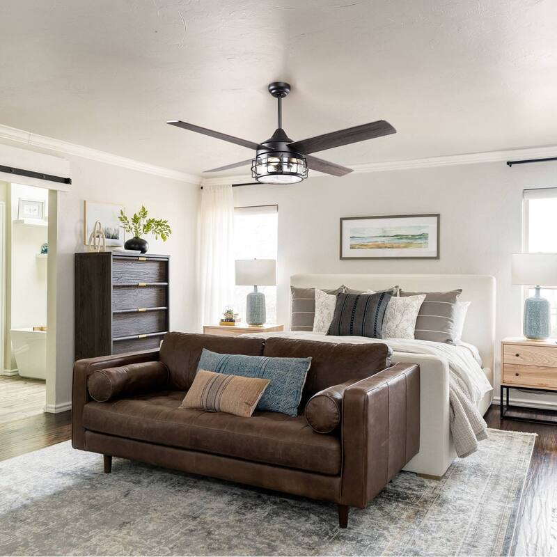 Farmhouse 4-Blade Oil Rubbed Bronze Glass Shade Ceiling Fan with Remote and Light Kit - 52-in W x 17.6-in H