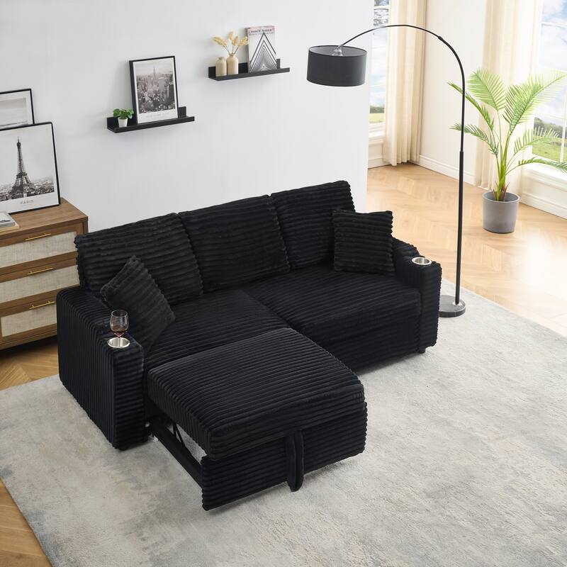 80-inch Corduroy Two-in-one Folding Sofa, Black - Multi-Color