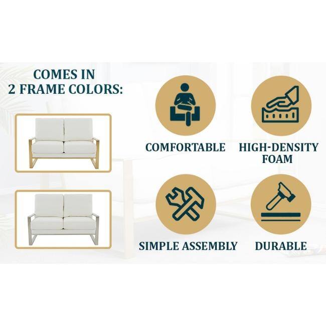 Jefferson Modern Leather Loveseat Gold with Gold Metal Base, Cushion Seating, Pocket Springs, and Protective Floor Pads - 53.1