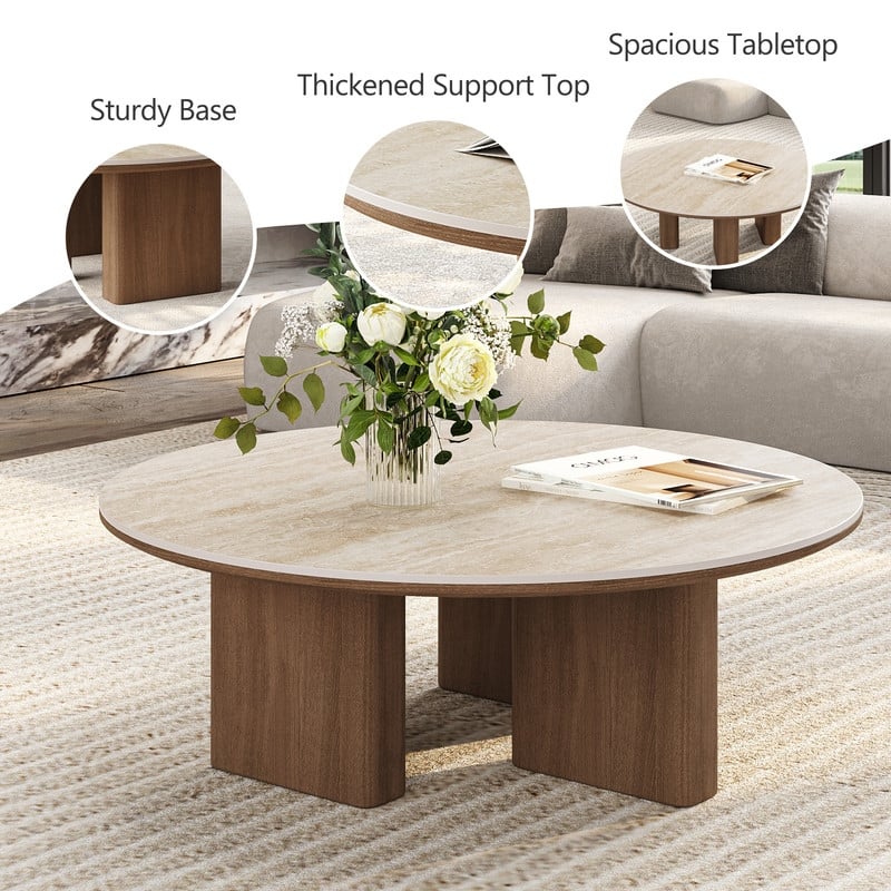 35.4'' Mid-Century Modern Round Coffee Table with Stone Countertop, Stain-Resistant Center Table for Living Room