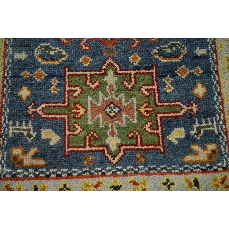 Hand Knotted Oriental 100% Wool Carpet Traditional Geometric Navy Blue & Blues Kazak Runner Rug - 8' 3'' X 2' 6''