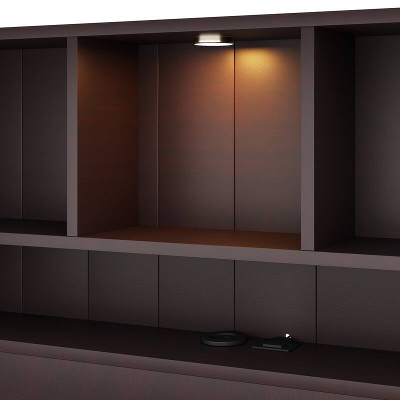 Wood Platform Bed with Bookcase Headboard, Built-in Downlight, Charging Station & 2 Side Drawers