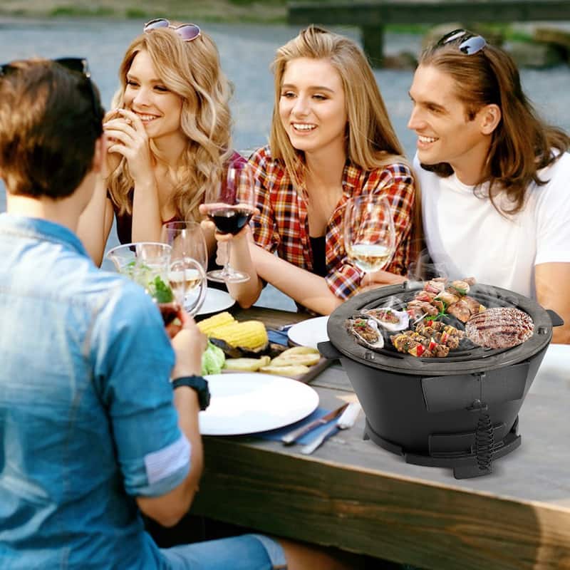 12" Round Portable Cast Iron Charcoal Grill Hibachi BBQ Stove for Camping or Picnics - 14" x 12.5" x 6.5"