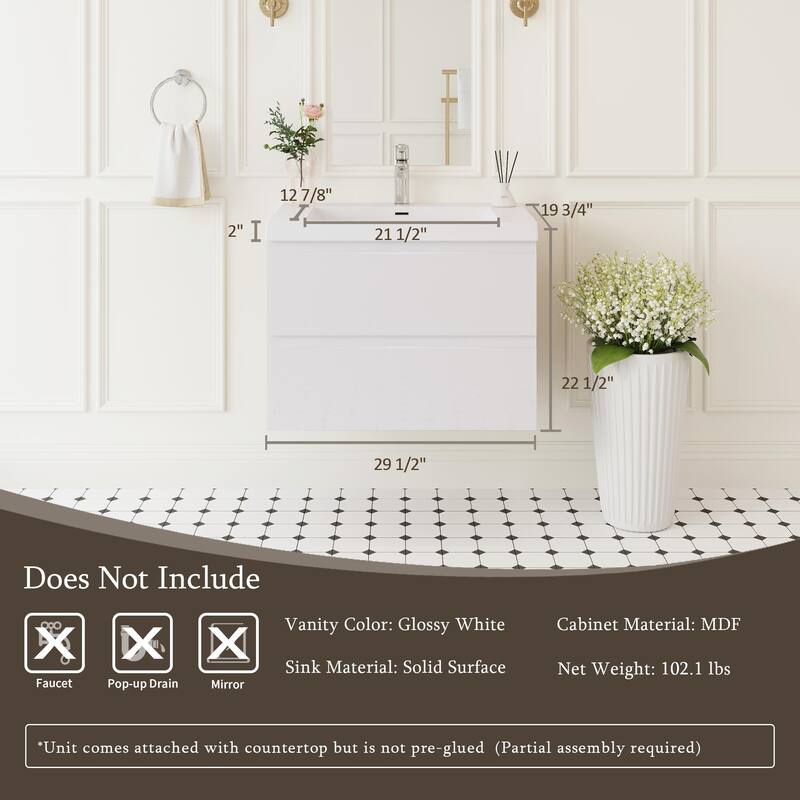 42" Wall-Mounted Bathroom Vanity with Glossy White Resin Sink - Modern Floating Bathroom Cabinet with Soft-Close Hinges