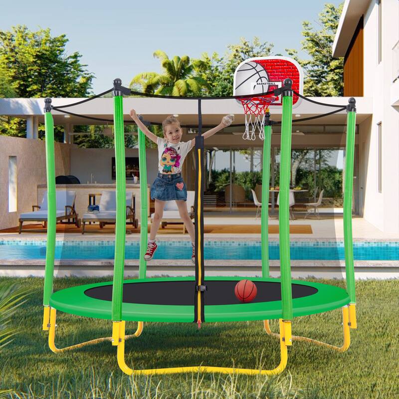 Kids Recreational Trampoline - Basketball Hoop, Safety Enclosure Net, Ladder, Easy Assembly - Grass Green - 65