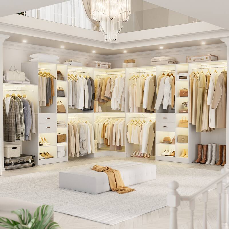 Rackcog 95'' - 188'' Closet System with Hanging Rods, Set of 3 Corner Closet Organizer with Drawers and Shelves