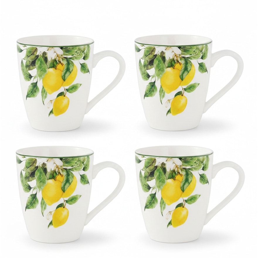 Lorren Home Trends Bone China Lemon Print Coffee Mug Set of 4, 12 Oz, Microwave and Dishwasher Safe