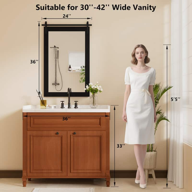 Farmhouse Rectangular Wood Frame Wall Mirror, Rustic Barn Door Bathroom Vanity Mirror