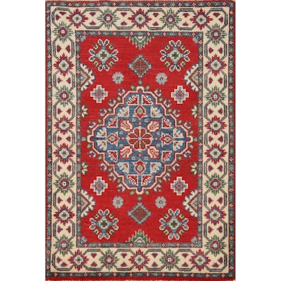 Red Geometric Kazak Oriental Rug Handmade Wool Carpet - 2'0"x 3'0"