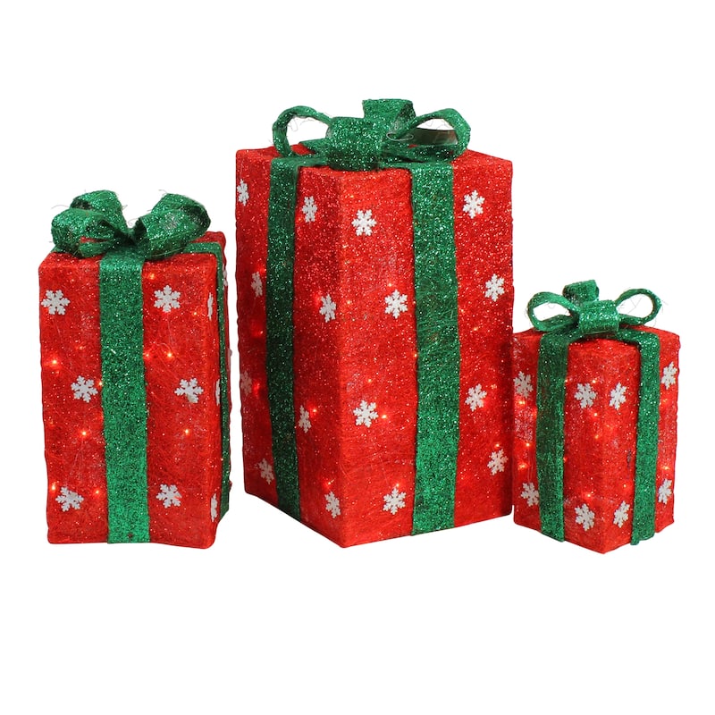 Set of 3 Lighted Tall Gift Boxes with Red Bows Christmas Outdoor Decorations 18" - Red