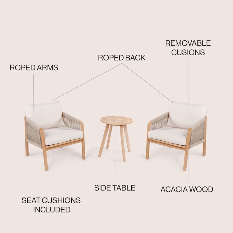 Porto 3-Piece Modern Bohemian Roped Acacia Wood Conversation Outdoor Patio Set with Cushions, by JONATHAN Y