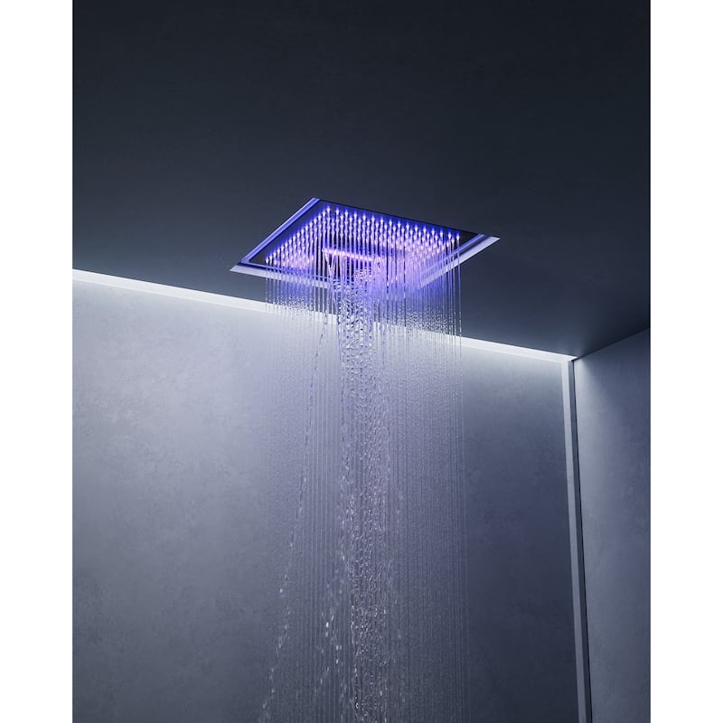 Thermostatic Music Shower System Dual Heads 16" & 6" Rainfall Waterfall LED Shower Head with High Pressure Handheld Spray