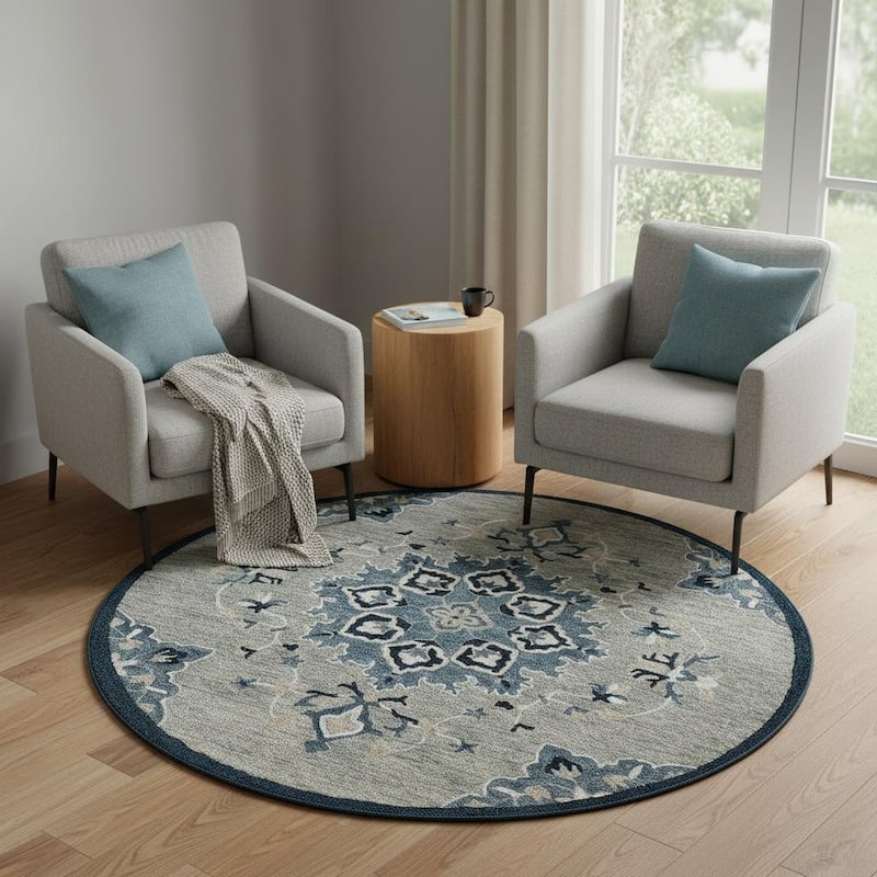 HomeRoots Medallion Contemporary Round Area Rug - 7' Round - 7' Round