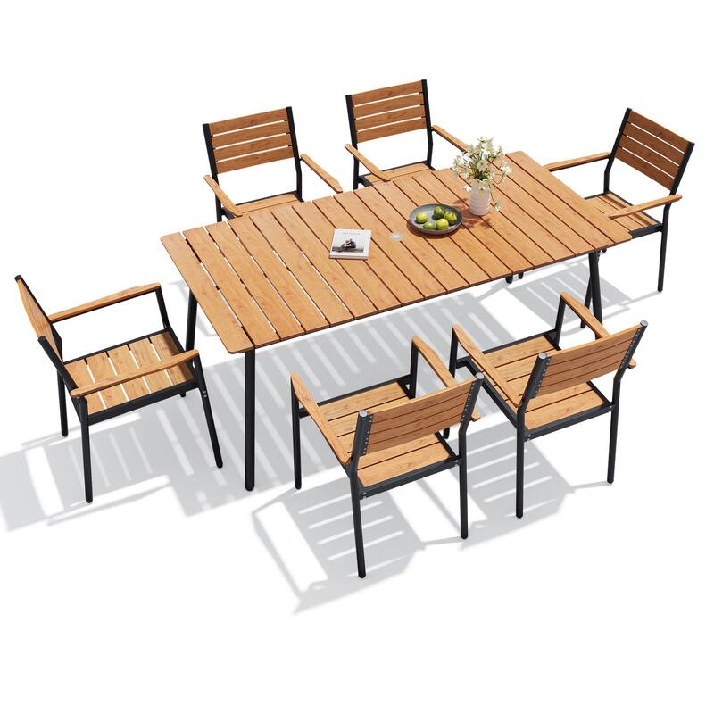 7-Piece Outdoor Patio Dining Set Wood-Like Table Top Alumium Umbrella Hole Table with Stackable Armrest Chairs