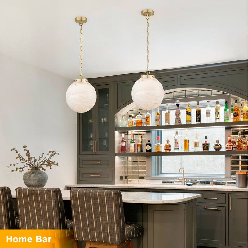 Brushed Gold Pendant Light with Marbled Glass Globe Kitchen Bedroom - Dia.11.81-in