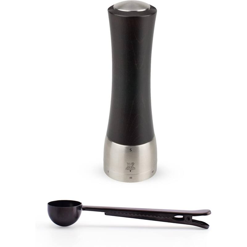 Peugeot Madras U'Select Shaftless 8-Inch Salt Mill Gift Set, Chocolate - With Stainless Steel Spice Scoop & Clip - Black - 2 Piece
