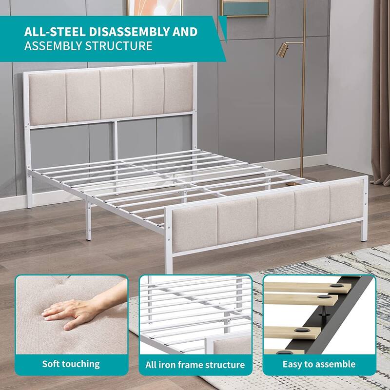 Mixoy Bed Frame, Linen Upholstered Platform Bed Bedroom, Bed Frame with Channel Tufted Headboard, No Box Spring Needed